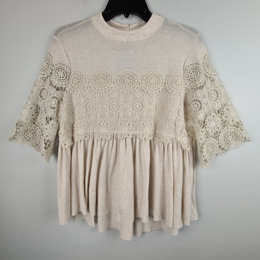 American Eagle Linen Blend Cream Crochet Overlay Top Keyhole Back Medium Boho